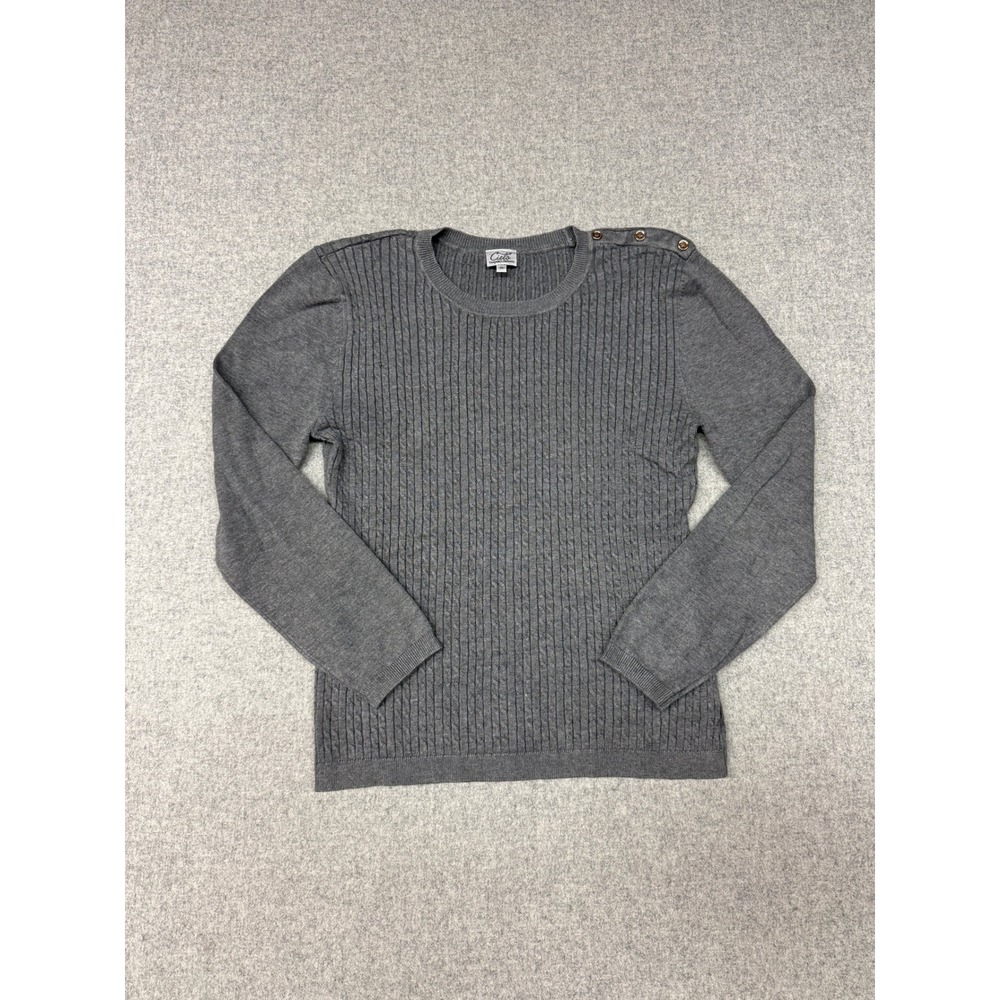 Cielo | Cable Knit Sweater | XL | Gray | Gold Button Shoulder Long Sleeve Top